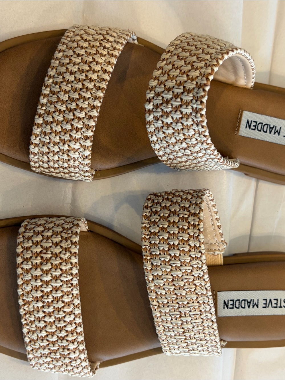 Steve Madden Two-Band Woven Slide Sandals in Beige and Tan